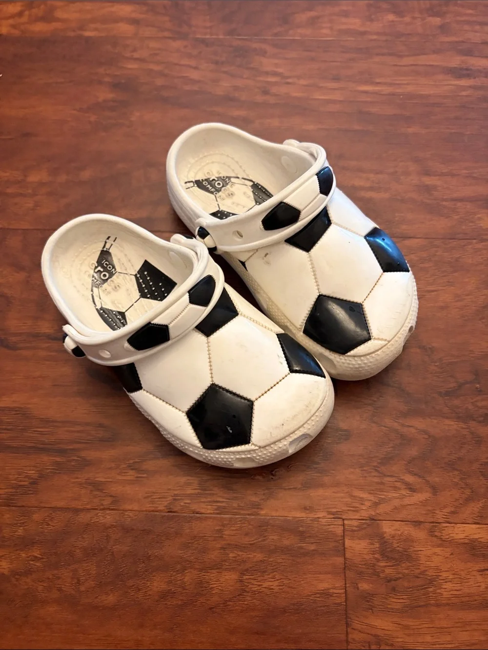 Kids White and Black Soccer Print Crocs- Comfortable Play Shoes